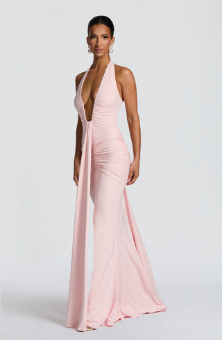 DIA Rosetta Maxi Dress Slinky Jersey Plunge Halter Blush