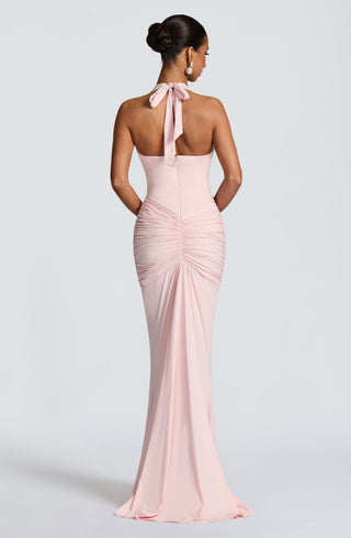 DIA Rosetta Maxi Dress Slinky Jersey Plunge Halter Blush