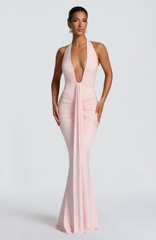 DIA Rosetta Maxi Dress Slinky Jersey Plunge Halter Blush
