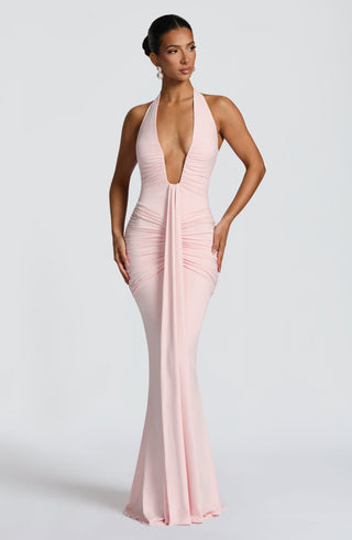 DIA Rosetta Maxi Dress Slinky Jersey Plunge Halter Blush
