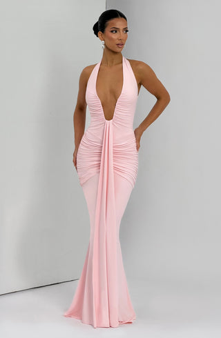 DIA Rosetta Maxi Dress Slinky Jersey Plunge Halter Blush