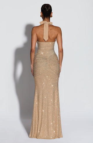 L.F Rosetta Maxi Dress Hotfix Rhinestones Gold Sparkle