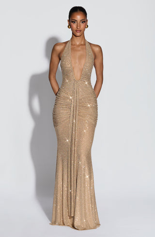 L.F Rosetta Maxi Dress Hotfix Rhinestones Gold Sparkle