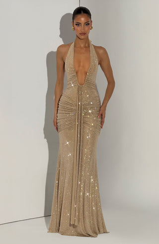 L.F Rosetta Maxi Dress Hotfix Rhinestones Gold Sparkle