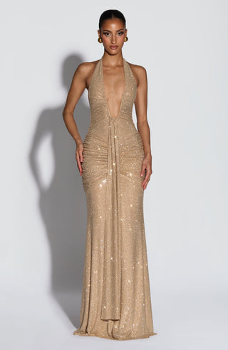 L.F Rosetta Maxi Dress Hotfix Rhinestones Gold Sparkle