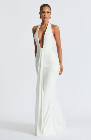 DIA Rosetta Maxi Dress Slinky Jersey Plunge Neckline White