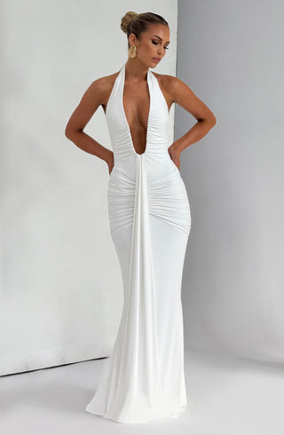 DIA Rosetta Maxi Dress Slinky Jersey Plunge Neckline White