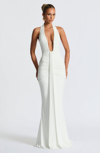 DIA Rosetta Maxi Dress Slinky Jersey Plunge Neckline White