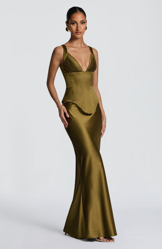 M.T Rowan Satin Corset Top Plunge Neckline Deep Olive