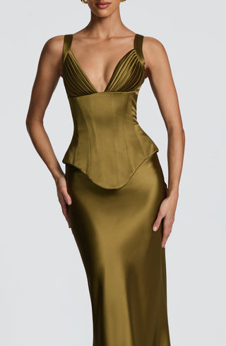 M.T Rowan Satin Corset Top Plunge Neckline Deep Olive