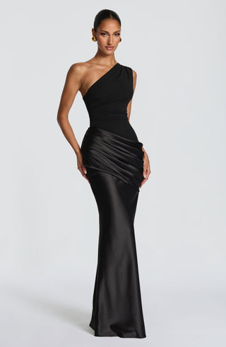 M.T Sadona Maxi Dress One-Shoulder Satin Panel Black