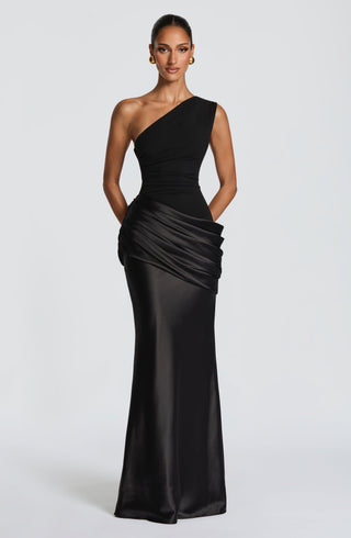 M.T Sadona Maxi Dress One-Shoulder Satin Panel Black