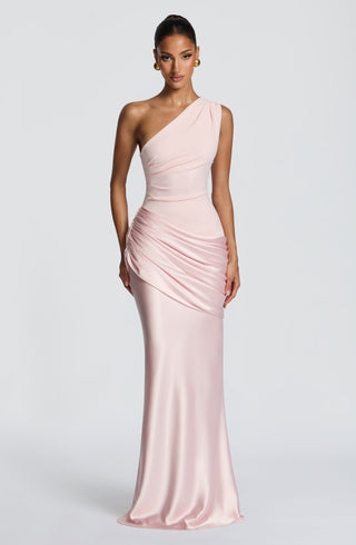 M.T Sadona Maxi Dress One-Shoulder Stretch Crepe Satin Blush