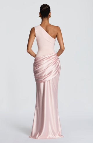 M.T Sadona Maxi Dress One-Shoulder Stretch Crepe Satin Blush