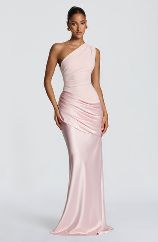 M.T Sadona Maxi Dress One-Shoulder Stretch Crepe Satin Blush
