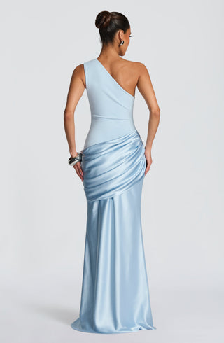 M.T Sadona Maxi Dress Satin Crepe One-Shoulder Glacier Blue