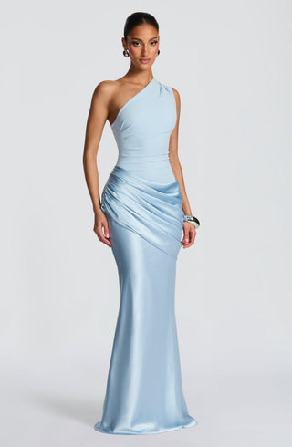 M.T Sadona Maxi Dress Satin Crepe One-Shoulder Glacier Blue