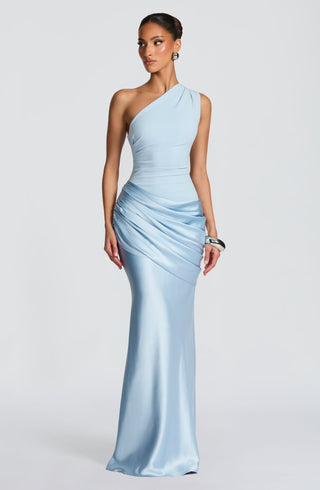 M.T Sadona Maxi Dress Satin Crepe One-Shoulder Glacier Blue