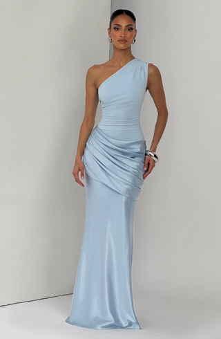 M.T Sadona Maxi Dress Satin Crepe One-Shoulder Glacier Blue