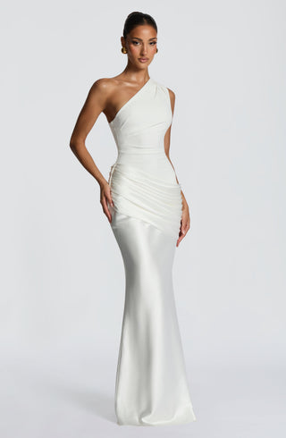 M.T Sadona Maxi Dress One-Shoulder Satin Ivory Fully Lined