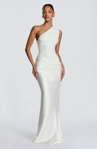 M.T Sadona Maxi Dress One-Shoulder Satin Ivory Fully Lined