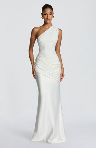 M.T Sadona Maxi Dress One-Shoulder Satin Ivory Fully Lined