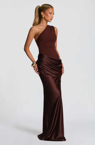 M.T Sadona Maxi Dress One-Shoulder Stretch Crepe Plum Brown