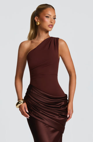 M.T Sadona Maxi Dress One-Shoulder Stretch Crepe Plum Brown