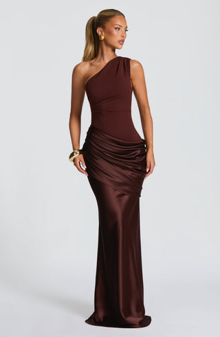 M.T Sadona Maxi Dress One-Shoulder Stretch Crepe Plum Brown