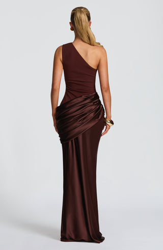 M.T Sadona Maxi Dress One-Shoulder Stretch Crepe Plum Brown