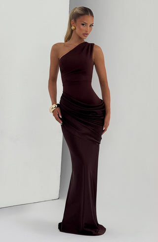 M.T Sadona Maxi Dress One-Shoulder Stretch Crepe Plum Brown