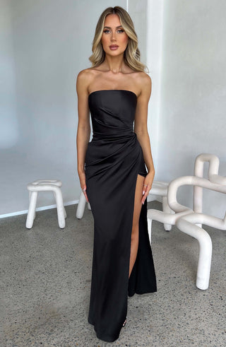 C.F Safiya Maxi Dress Luxury Satin Strapless Hidden Corset Black