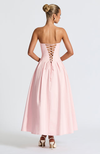 R.F Salma Midi Dress Stretch Bengaline Strapless Blush
