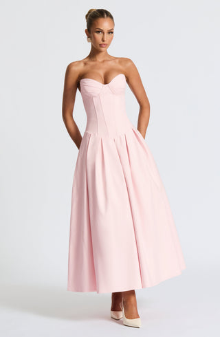 R.F Salma Midi Dress Stretch Bengaline Strapless Blush