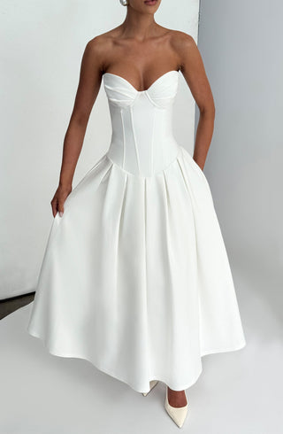 R.F Salma Midi Dress Strapless Stretch Bengaline Ivory