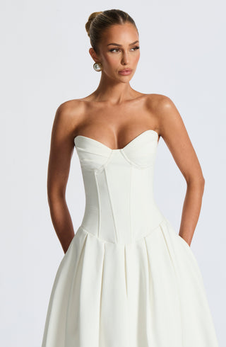 R.F Salma Midi Dress Strapless Stretch Bengaline Ivory