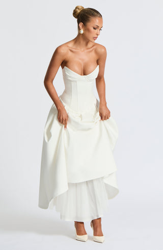 R.F Salma Midi Dress Strapless Stretch Bengaline Ivory