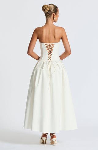 R.F Salma Midi Dress Strapless Stretch Bengaline Ivory