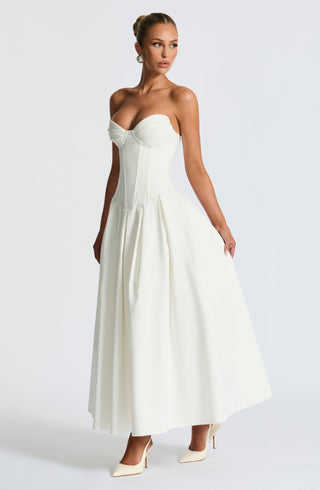 R.F Salma Midi Dress Strapless Stretch Bengaline Ivory
