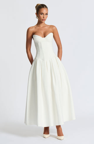 R.F Salma Midi Dress Strapless Stretch Bengaline Ivory