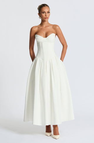R.F Salma Midi Dress Strapless Stretch Bengaline Ivory