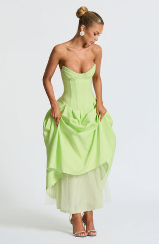 R.F Salma Midi Dress Stretch Bengaline Strapless Lime