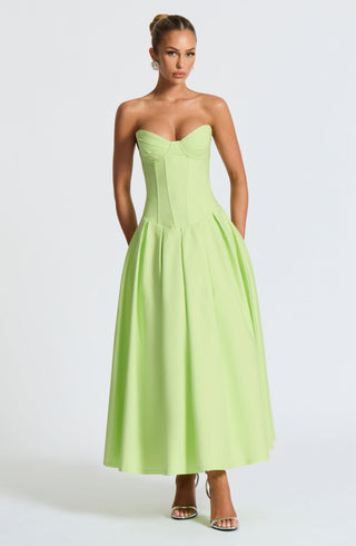 R.F Salma Midi Dress Stretch Bengaline Strapless Lime