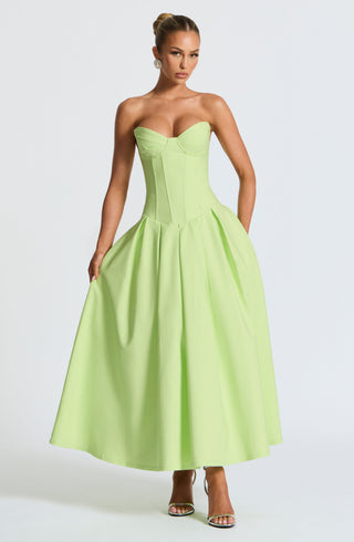 R.F Salma Midi Dress Stretch Bengaline Strapless Lime