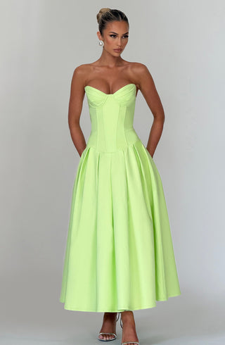 R.F Salma Midi Dress Stretch Bengaline Strapless Lime