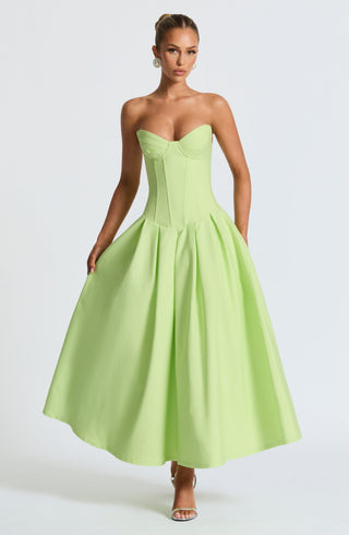 R.F Salma Midi Dress Stretch Bengaline Strapless Lime