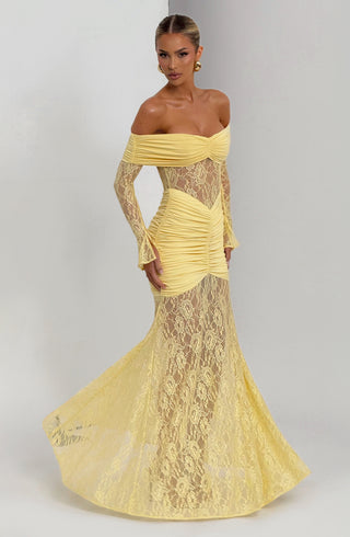 L.F Sauline Maxi Dress Stretch Jersey Lace Body-Hugging Lemon