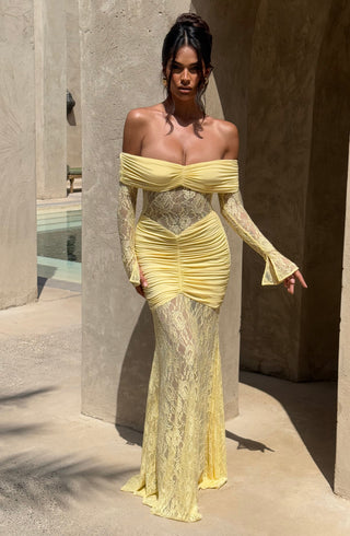 L.F Sauline Maxi Dress Stretch Jersey Lace Body-Hugging Lemon