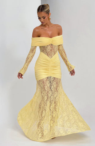 L.F Sauline Maxi Dress Stretch Jersey Lace Body-Hugging Lemon