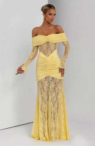 L.F Sauline Maxi Dress Stretch Jersey Lace Body-Hugging Lemon